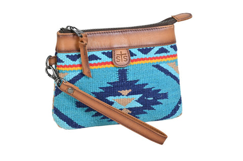 STS Ranchwear Womens Mojave Sky Pouch Multi-Blue Aztec Leather Makeup Case