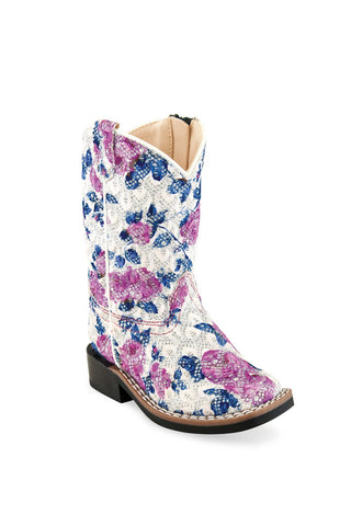 Old West White Multi Toddler Girls Faux Leather Flower Cowboy Boots 8D