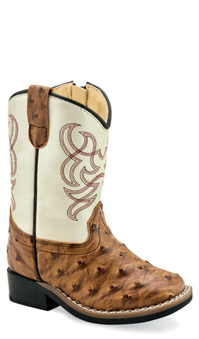 Old West Infant Boys Broad Square Toe Brown/White Faux Leather Cowboy Boots 4 D