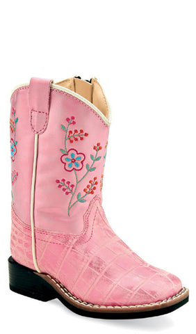Old West Infant Girls Square Toe Antique Shiny Pink Faux Leather Cowboy Boots