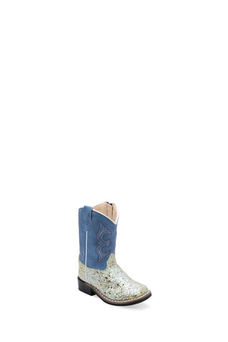 Old West Toddler Girls Square Toe Silver/Sky Blue Faux Leather Cowboy Boots