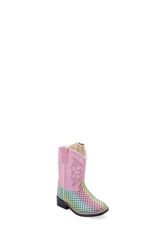 Old West Toddler Girls Square Toe Pink Multi Faux Leather Cowboy Boots