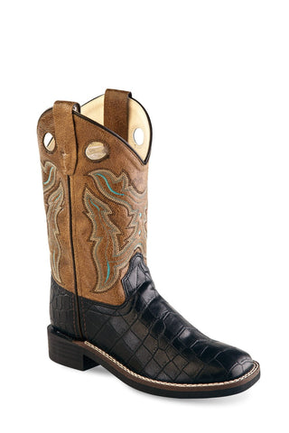 Old West Black/Tan Kids Boys Faux Leather Croc Cowboy Boots 13D