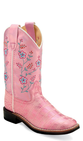 Old West Children Girls Square Toe Shiny Antique Pink Faux Leather Cowboy Boots 2 D