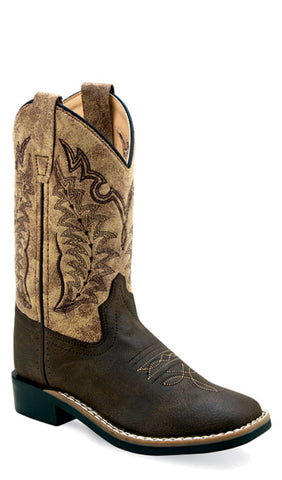 Old West Children Unisex Square Toe Brown/Vintage Tan Faux Leather Cowboy Boots