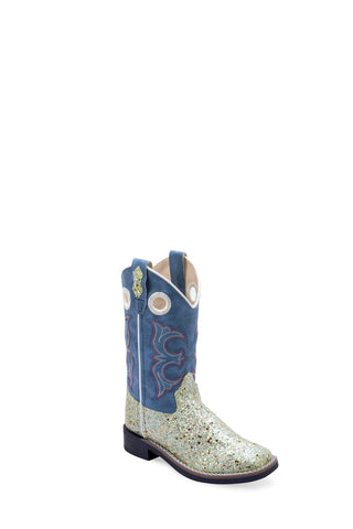 Old West Kids Girls Square Toe Silver/Sky Blue Faux Leather Cowboy Boots