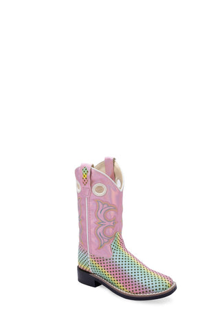Old West Kids Girls Square Toe Pink Multi Faux Leather Cowboy Boots