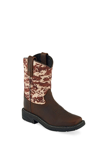 Old West Brown/Camo Youth Boys Leather Cowboy Boots 6D