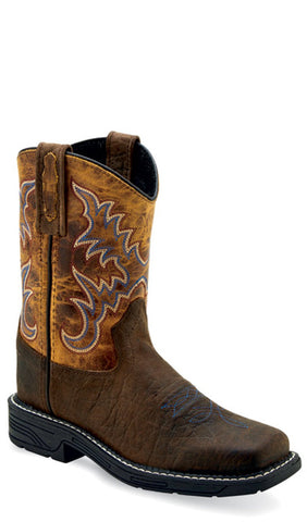 Old West Children Unisex Square Toe Burnt Dark Brown Leather Cowboy Boots 1 D