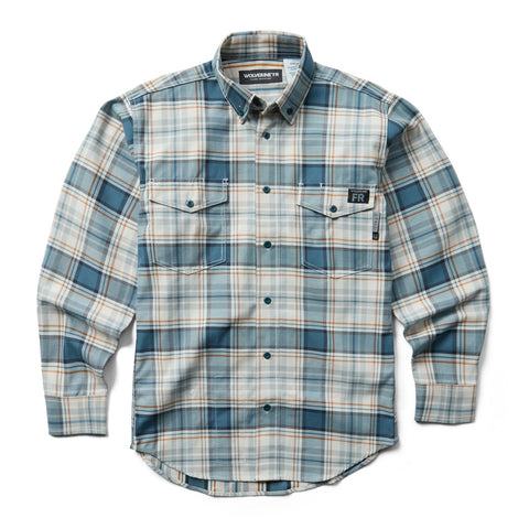 Wolverine Mens FR Plaid Twill Navy/Red/White Cotton Blend L/S Shirt