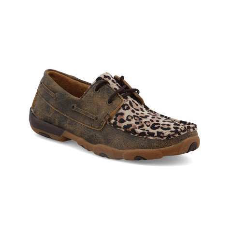 Twisted X Womens Driving Moc Distressed/Leopard Leather Boat Shoes