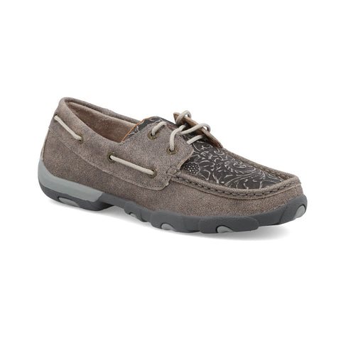 Twisted X Womens Driving Moc Grey/Grenadine Leather Tooled Boat Shoes