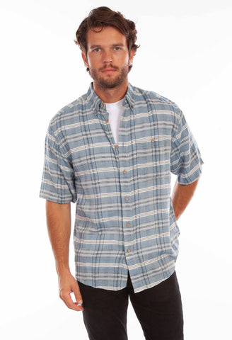 Scully Mens Worn Outs Plaid Blue 100% Cotton S/S Shirt