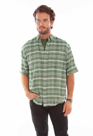 Scully Mens Worn Outs Plaid Green 100% Cotton S/S Shirt