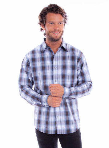 Scully Mens Worn Outs Plaid Blue/Brown 100% Cotton L/S Shirt