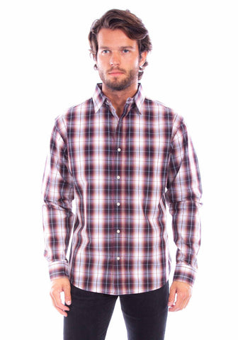 Scully Mens Worn Outs Plaid Burgundy 100% Cotton L/S Shirt
