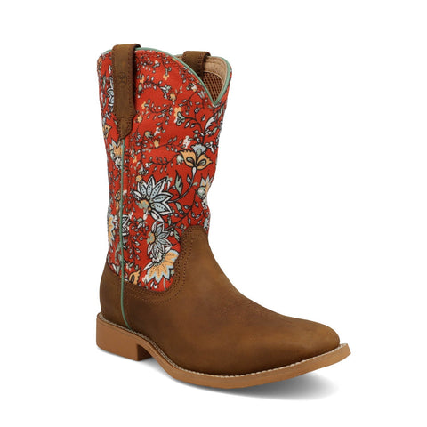 Twisted X Youth Girls Hooey Floral Rustic Brown/Red Leather Cowboy Boots