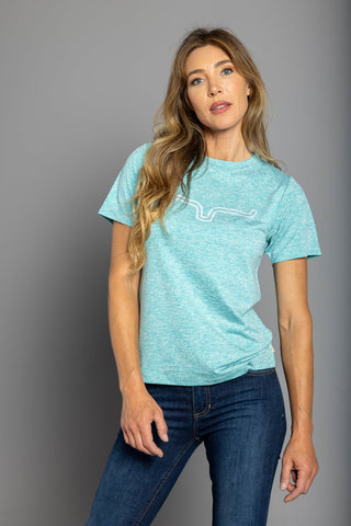 Kimes Ranch Womens Outlier Tech Tee Light Blue Heather Cotton Blend S/S T-Shirt