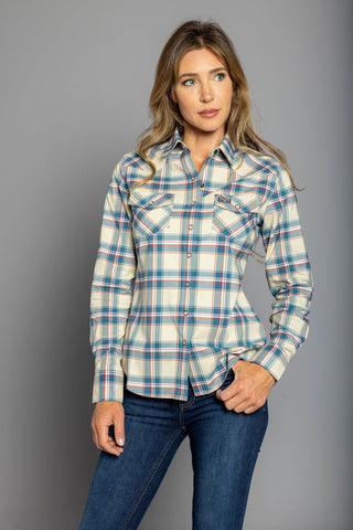 Kimes Ranch Womens Stroker Plaid Dark Blue Cotton Blend L/S Shirt