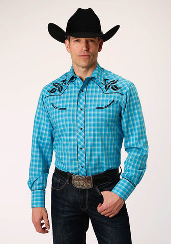 Roper Mens Turquoise/Gray Cotton Blend Small Scale L/S Shirt