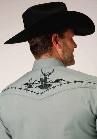 Roper Mens Dusty Green Cotton Blend Longhorn L/S Barbwire Shirt