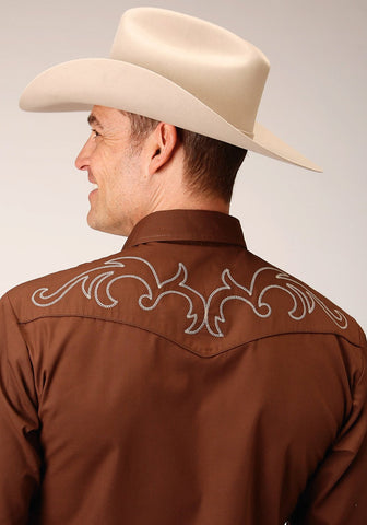 Roper Mens Warm Brown Cotton Blend Western Scroll L/S Shirt