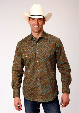Roper Mens Brown/Turquoise Cotton Blend Mini Floral L/S Shirt