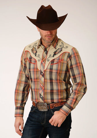 Roper Mens Multi-Color Cotton Blend Harvest Plaid L/S Fancy Shirt