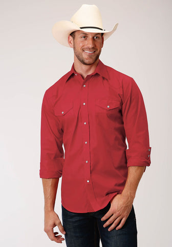Roper Mens Red Cotton Blend Solid Broadcloth L/S Snap Shirt