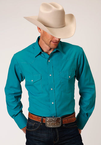 Roper Mens Teal Blue Cotton Blend 55/45 Broadcloth L/S Shirt