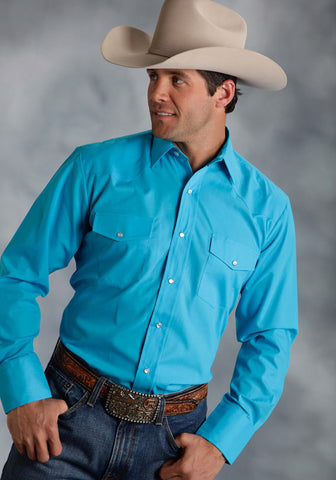 Roper Mens Blue Cotton Blend Broadcloth L/S Turquoise Western Shirt ...