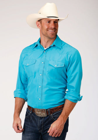 Roper Mens Turquoise Cotton Blend Plain Broadcloth L/S Shirt