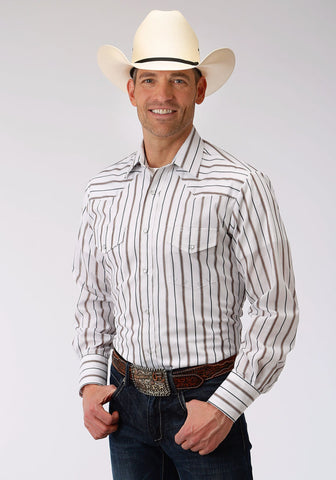 Roper Mens Brown/Grey Cotton Blend Wide Stripe L/S Shirt