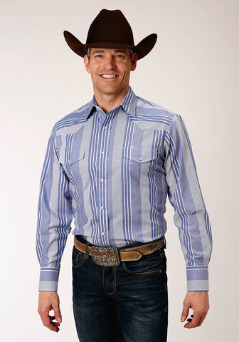 Roper Mens Blue/White Cotton Blend Wide Stripe L/S Shirt