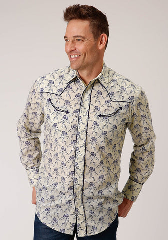 Roper Mens Cream/Navy Cotton Blend Vintage L/S Shirt