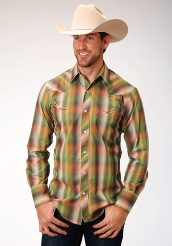 Roper Mens Green Cotton Blend Ombre Plaid L/S Shirt