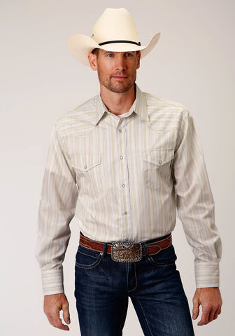 Roper Mens White/Grey Cotton Blend Stripe L/S Shirt