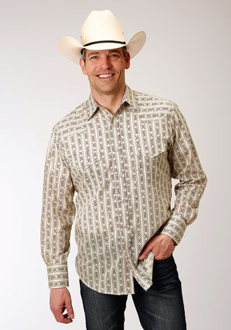 Roper Mens Cream/Brown Cotton Blend Wallpaper L/S Tall Shirt