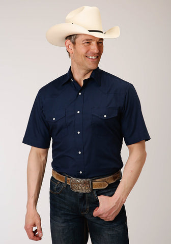 Roper Mens Navy Blue Cotton Blend 55/45 Solid S/S Shirt