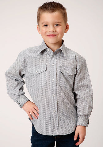Roper Boys Kids Grey/White Cotton Blend Snap Print L/S Shirt