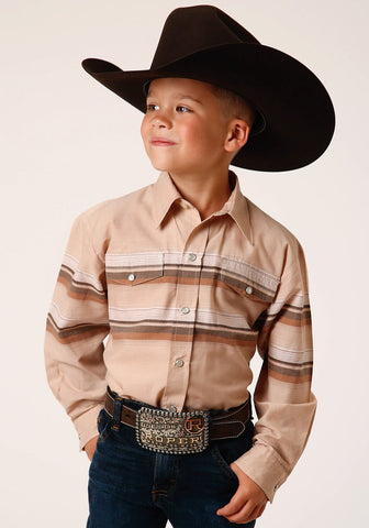 Roper Boys Kids Tan/Brown Cotton Blend Border Stripe L/S Shirt