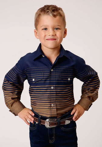 Roper Boys Kids Navy/Khaki Cotton Blend Border Stripe L/S Shirt