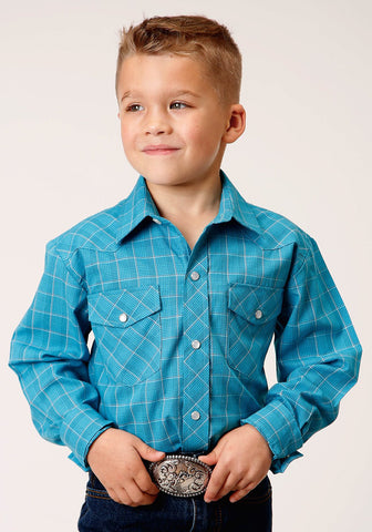 Roper Boys Kids Turquoise/Black Cotton Blend Windowpane L/S Shirt