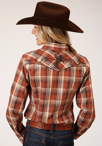 Roper Womens Rust/Brown Cotton Blend Bronc Rider L/S Plaid Shirt