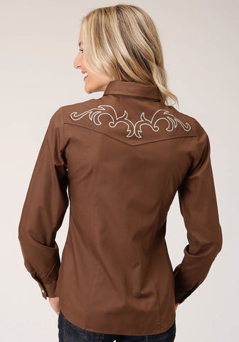 Roper Womens Warm Brown Cotton Blend Embroidered L/S Broadcloth Shirt