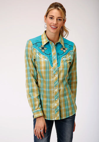 Roper Womens Turquoise/Celery Cotton Blend Plaid L/S Shirt