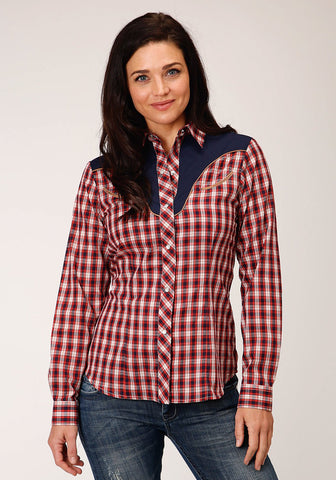 Roper Womens Red/Navy Cotton Blend Small Plaid L/S Fancy Shirt