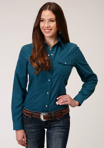 Roper Womens Deep Teal Cotton Blend 55/45 L/S Solid Broadcloth Shirt