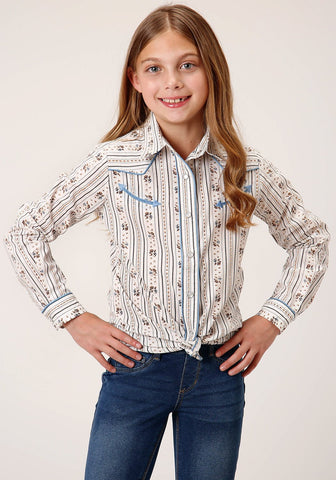 Roper Girls Kids Brown/Blue Cotton Blend Wallpaper Stripe L/S Shirt
