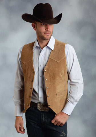 Roper Mens Brown Silky Cow Suede Leather Embossed Snap Western Vest